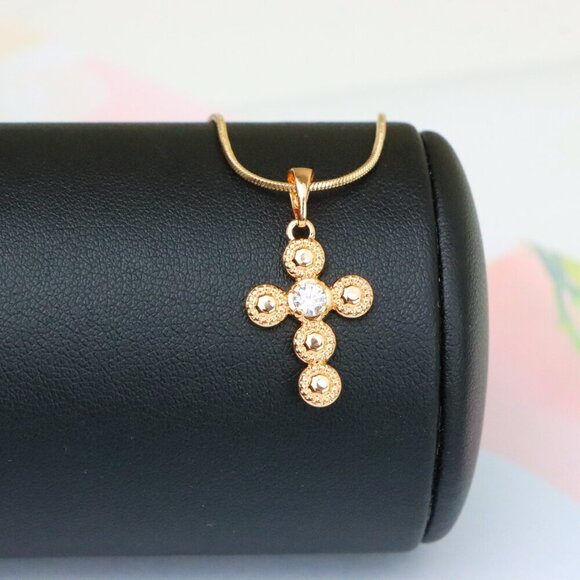 "Rose Gold Cross Pendant with Textured Beads and Center Crystal Stone, XPPT1606 - Picture 6 of 13